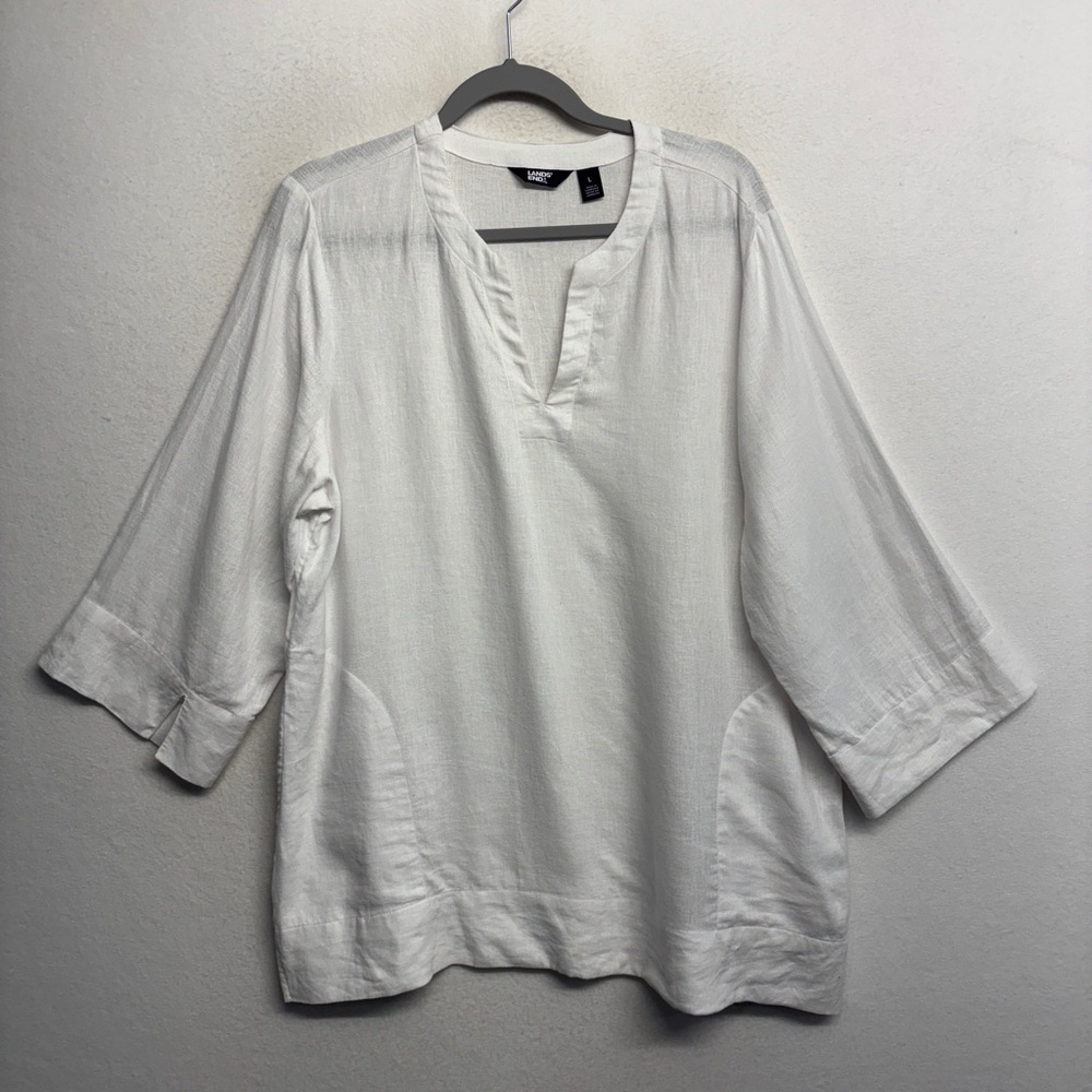 Land's End Linen Blend White Tunic Blouse‎ Shirt L Pockets 3/4 Sleeves